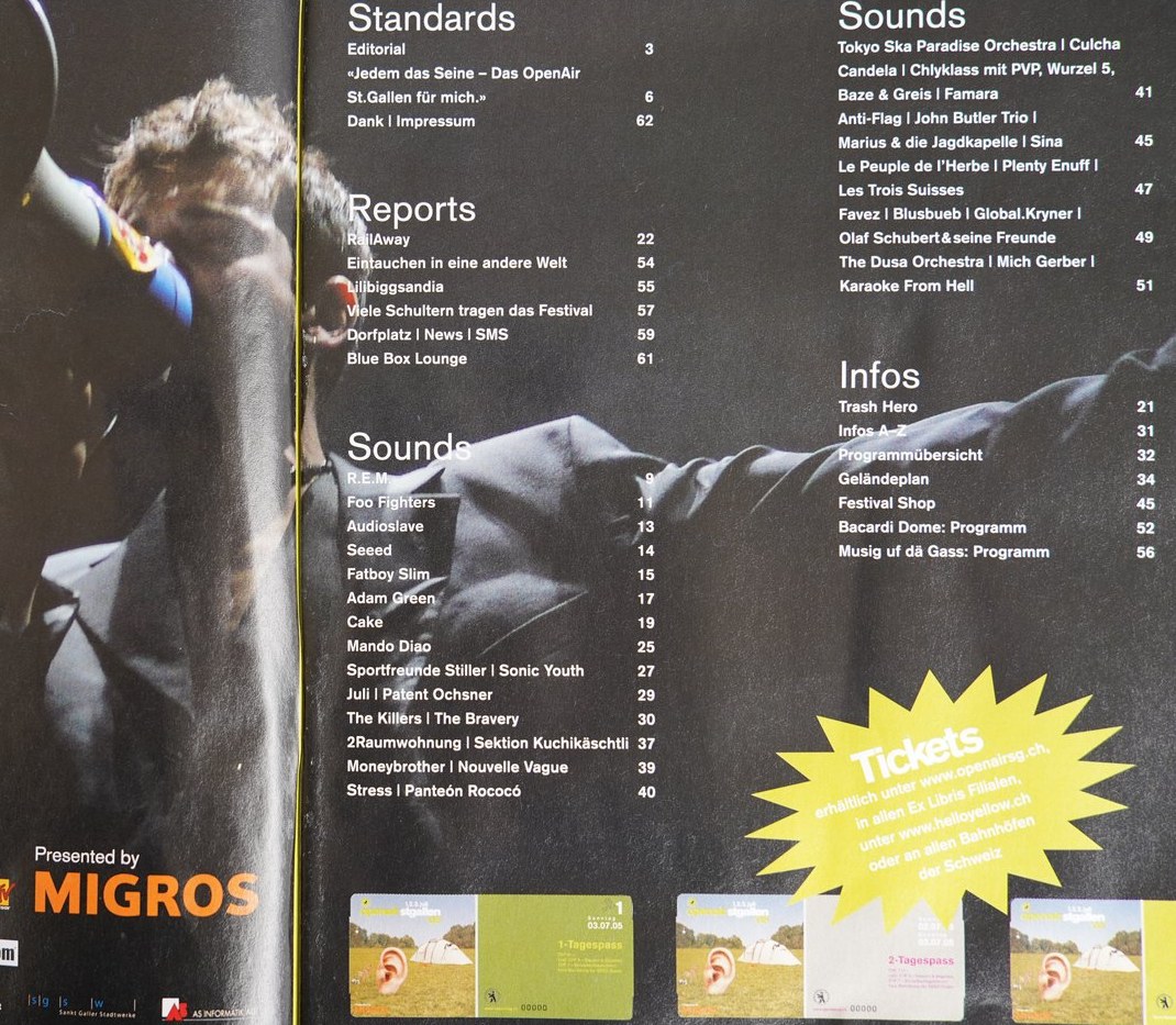 OpenAir St.Gallen — Programm-Doppelseite mit Bühnenfoto, 2005, Foto: Reto Wettach